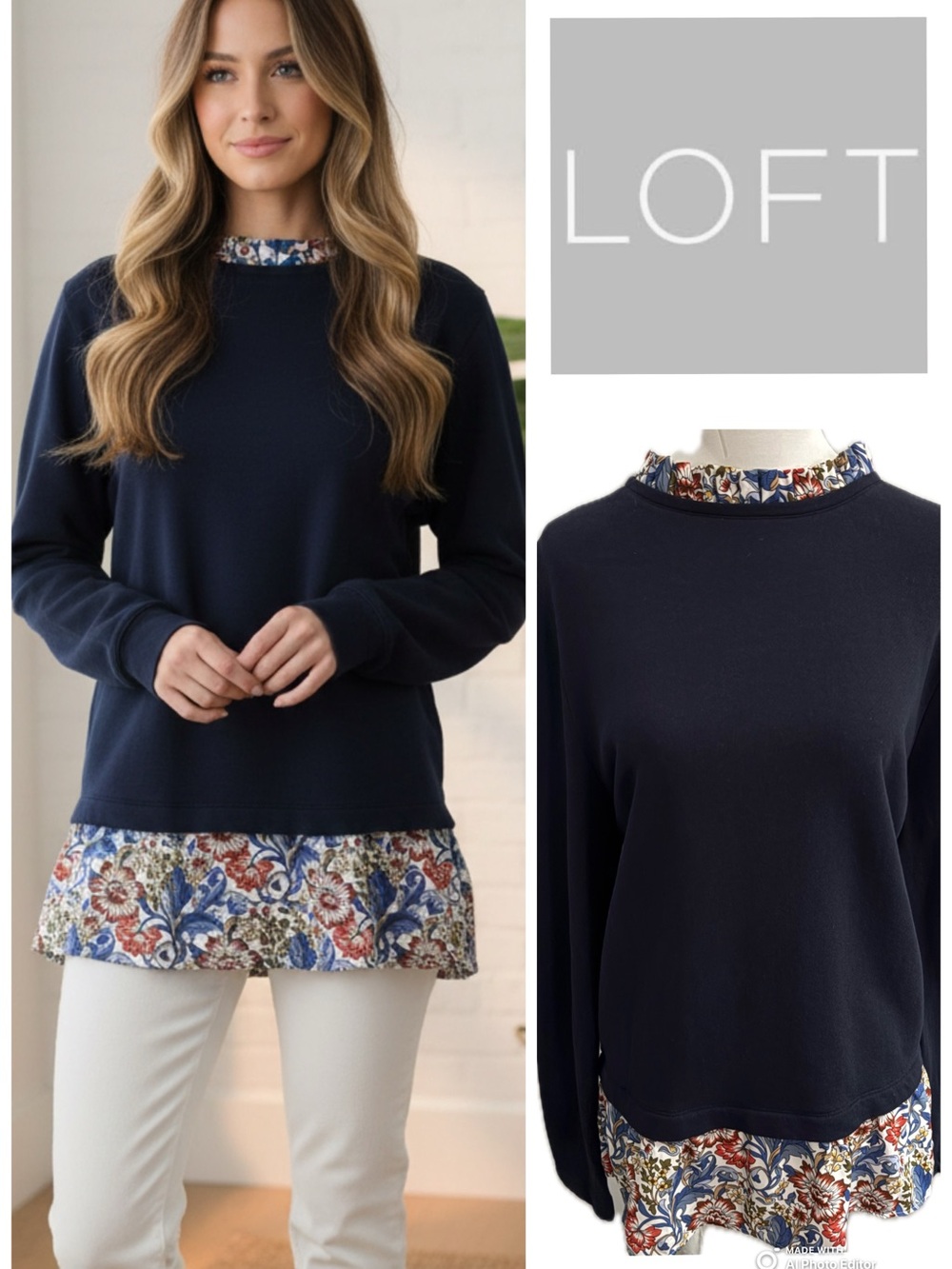 LOFT Mixed Media Floral Accent Sweatshirt Navy Blue Size LP Petite